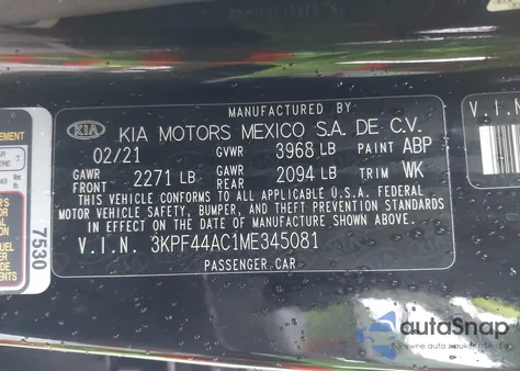 2021 Kia Forte Gt z USA, uszkodzony, nr VIN 3KPF44AC1ME345081